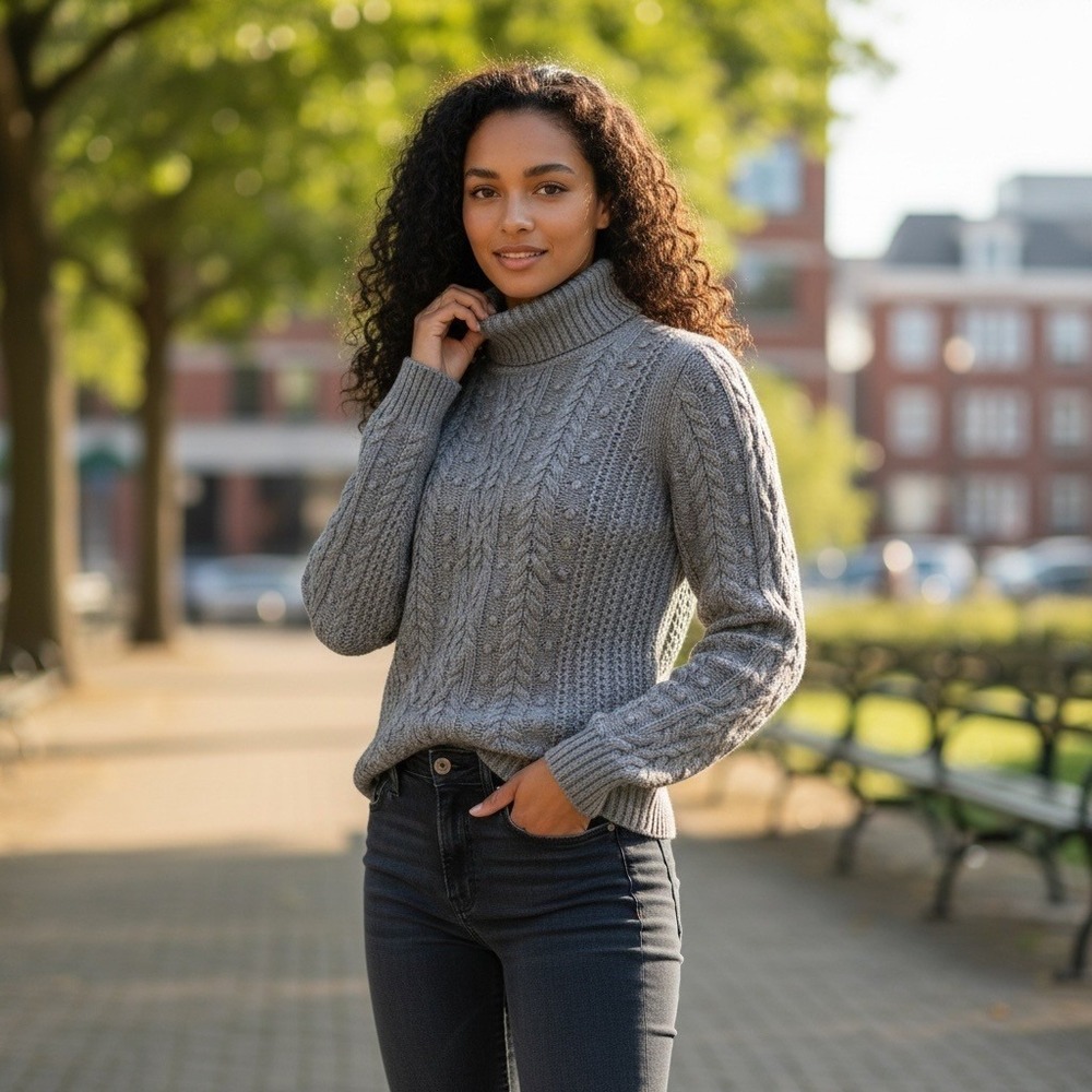 Gap Turtleneck Sweater L Light Grey Cable Knit Wool Blend Cozy Fall Winter